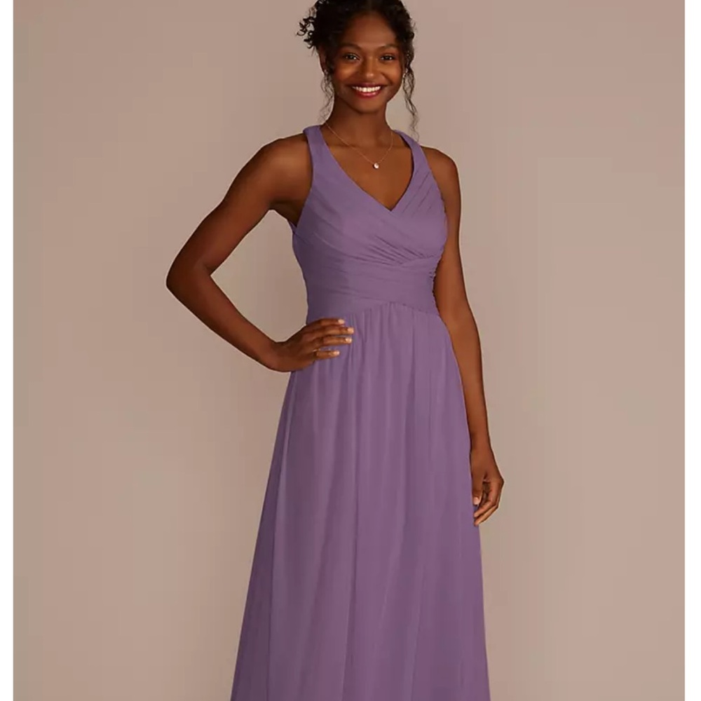 Bridesmaid Wisteria Purple Mesh Long Dress with Crisscross Back David‘s Bridal